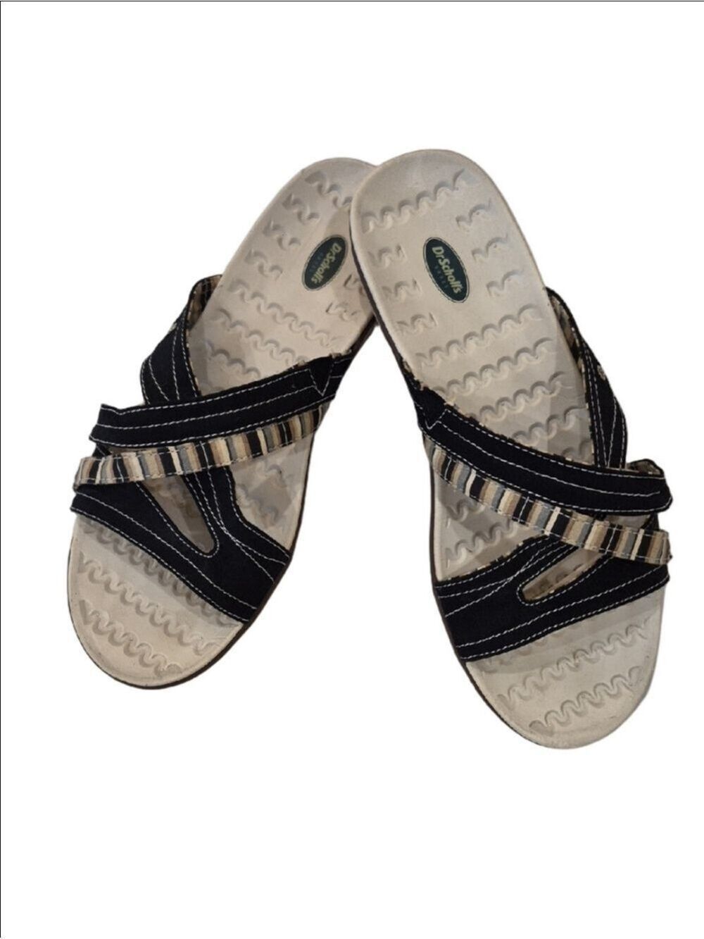 Dr. Scholl's Darby Model In  Navy  Blue Slide Sandals with Beige Striped Accents